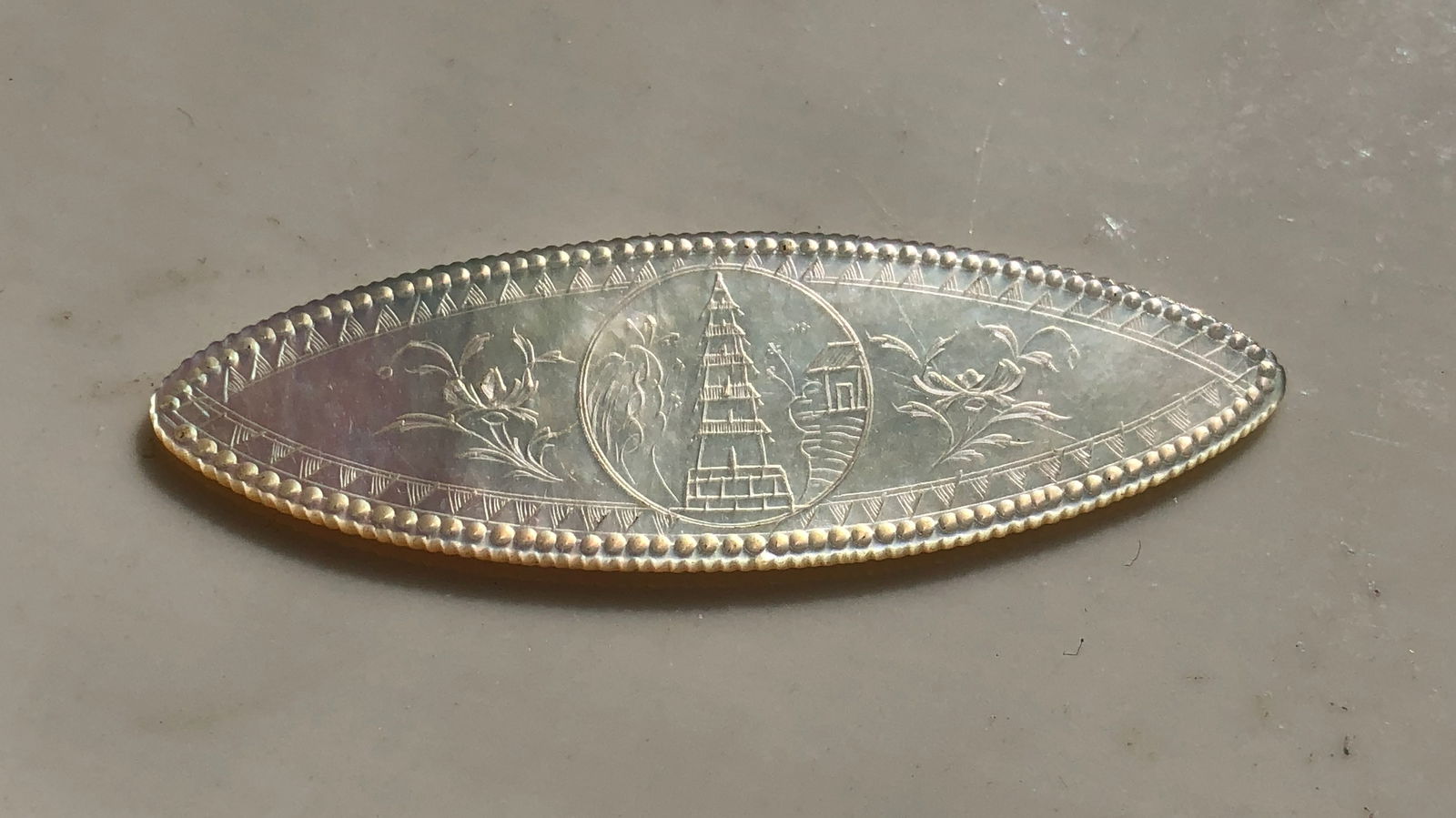 Antique Mother of Pearl Token: Antique Mother of Pearl Token, Size: 2"