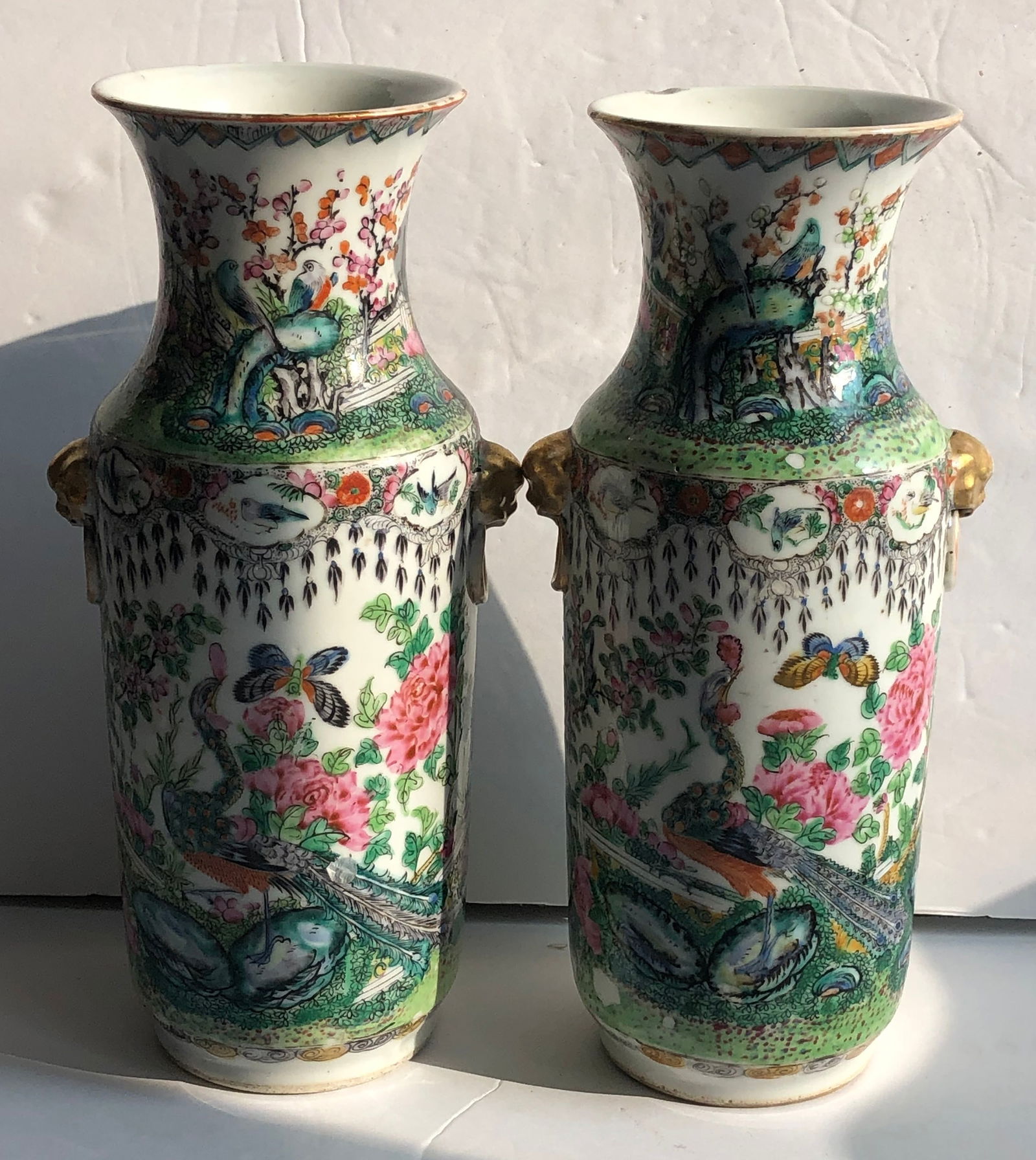 Pair of Antique Chinese Famille Rose Vases: Pair of Antique Chinese Famille Rose Vases, Size: 10" x 3.5"