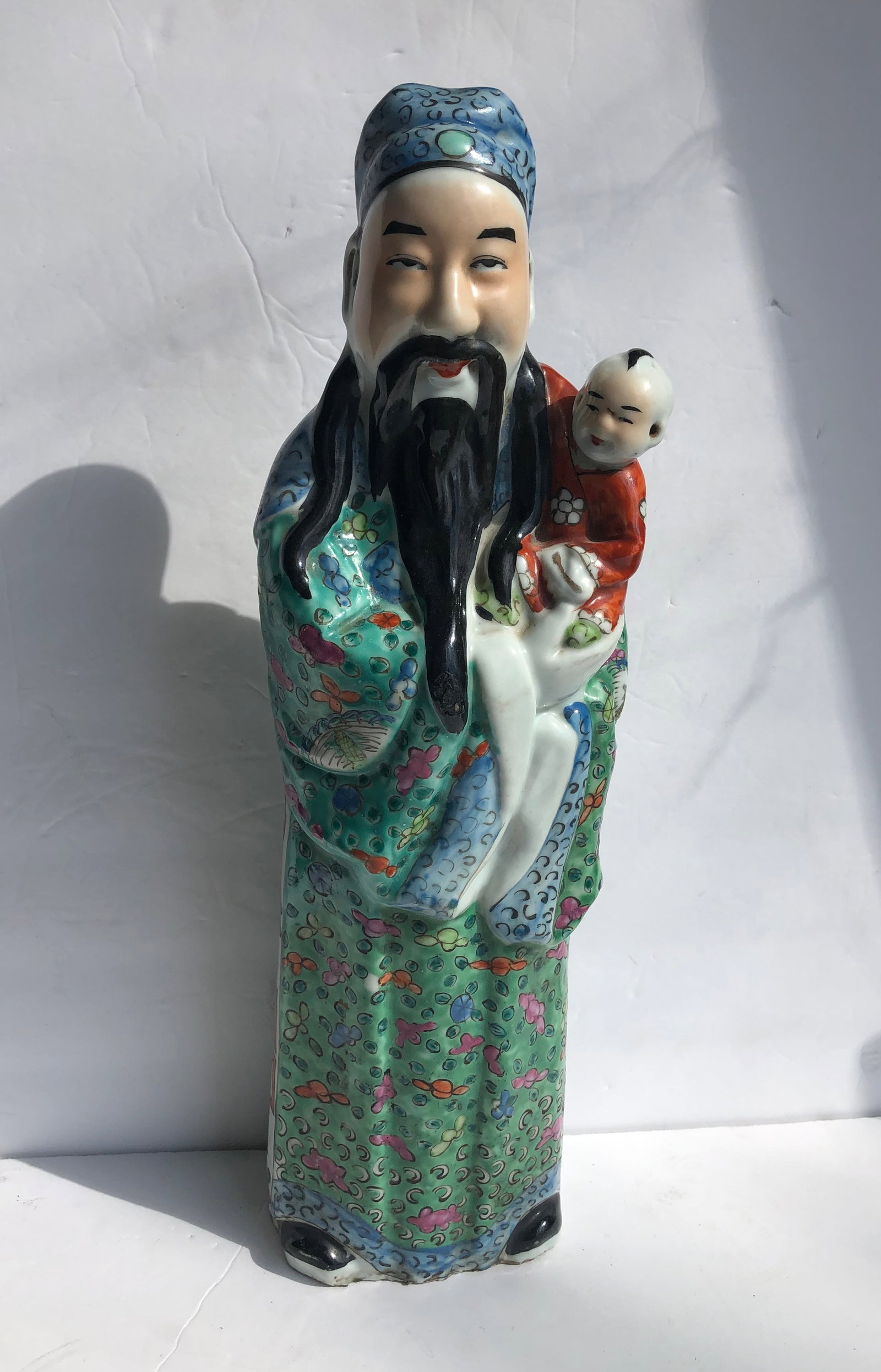 Antique Chinese Famille Rose Figure Statue: Antique Chinese Famille Rose Figure Statue, H: 16"