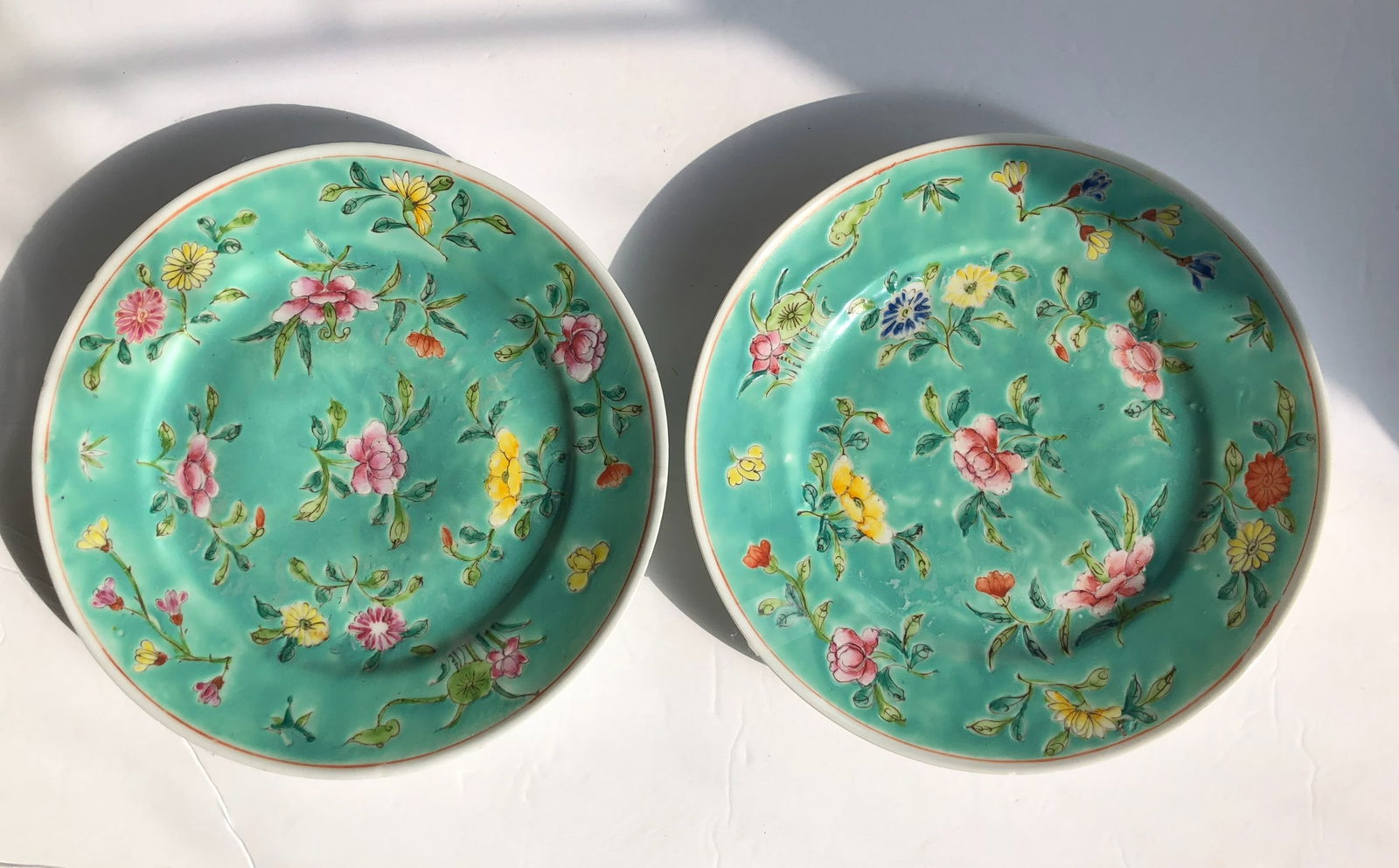 Pair of Antique Enamel Plateds: Pair of Antique Enamel Plates, Diameter: 9"
