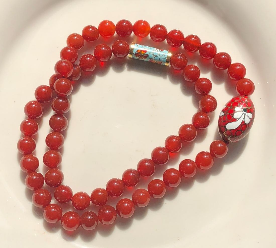 Vintage Carnelian Cloisonne Beads Necklace: Vintage Carnelian Cloisonne Beads Necklace