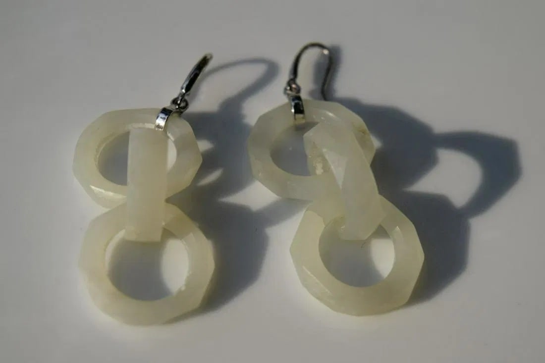 Pair of Antique Chinese Nephrite Jade Three Circles Earrings, size: 2.5" x 0.75" (1 of 2)