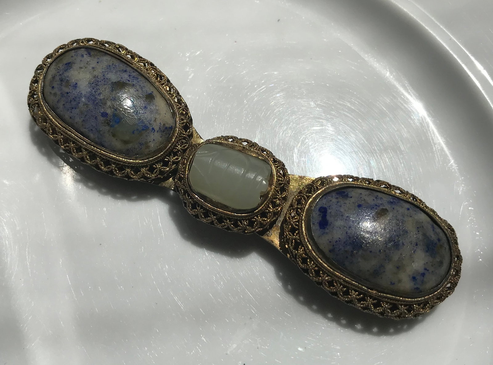 Antique Chinese White Jade Lapis Belt Buckle (1 of 4)