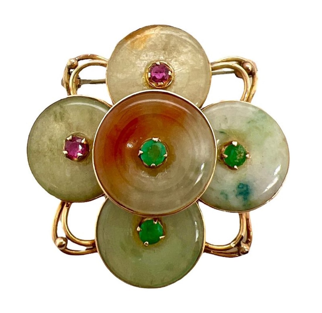 8.5 Grams Fine 14k Yellow Gold Jade, Ruby And Emerald Pin. (1 of 4)