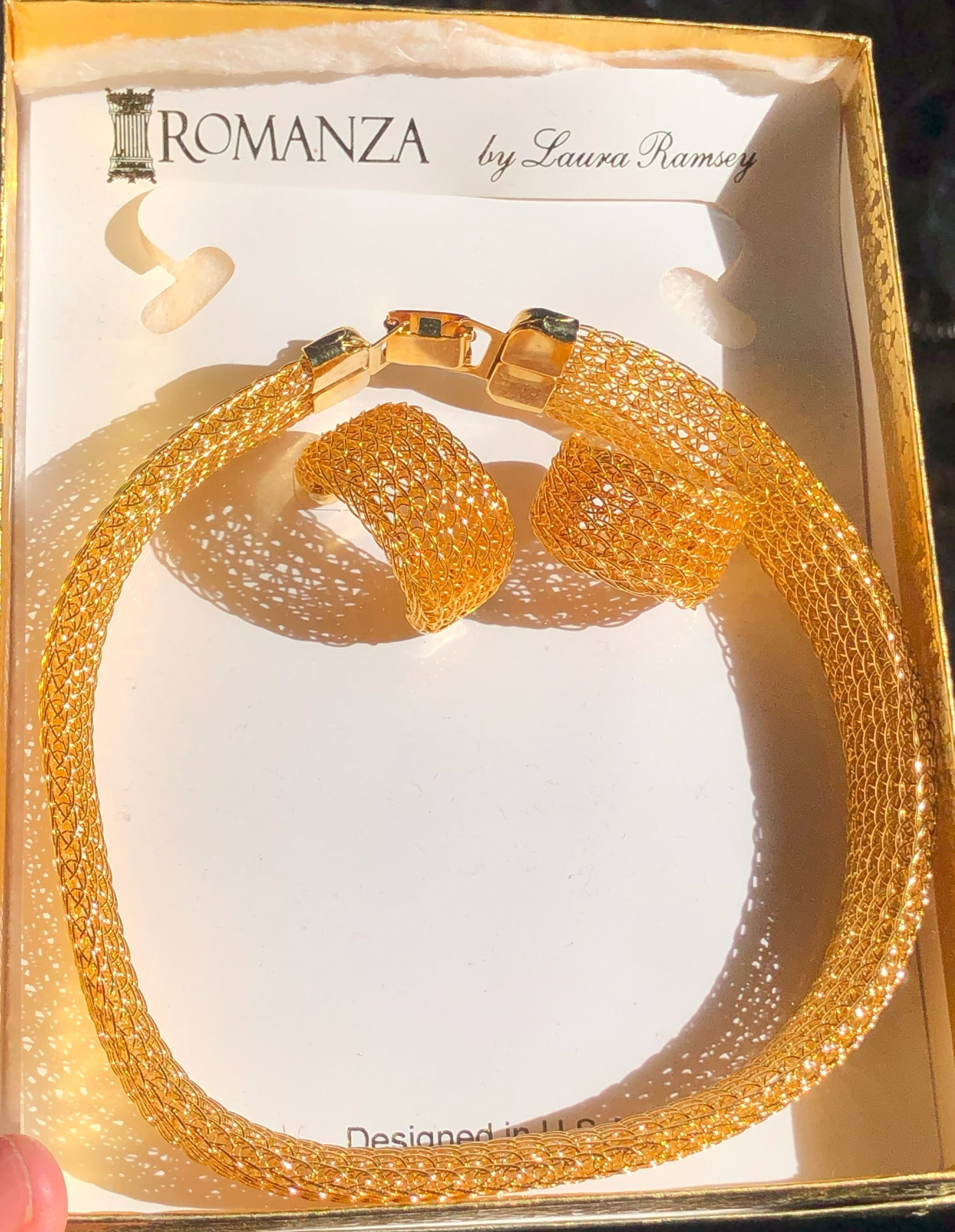 Romanza Jewelry Set: Elegant gold Color mesh jewelry set by Laura Ramsey, designed in the USA.