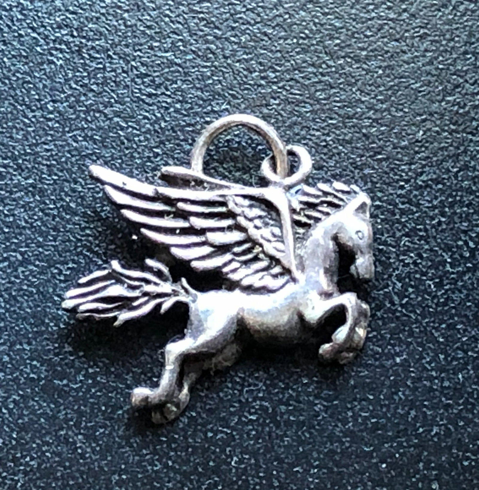 Silver Winged Horse Pendant: A beautifully crafted silver pendant featuring a winged horse design.