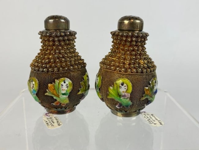 Pair Filigree Peking Silver Enamel Spice Shakers: Pair Filigree Peking Silver Enamel Spice Shakers, Size: 2W 2D 2.75H