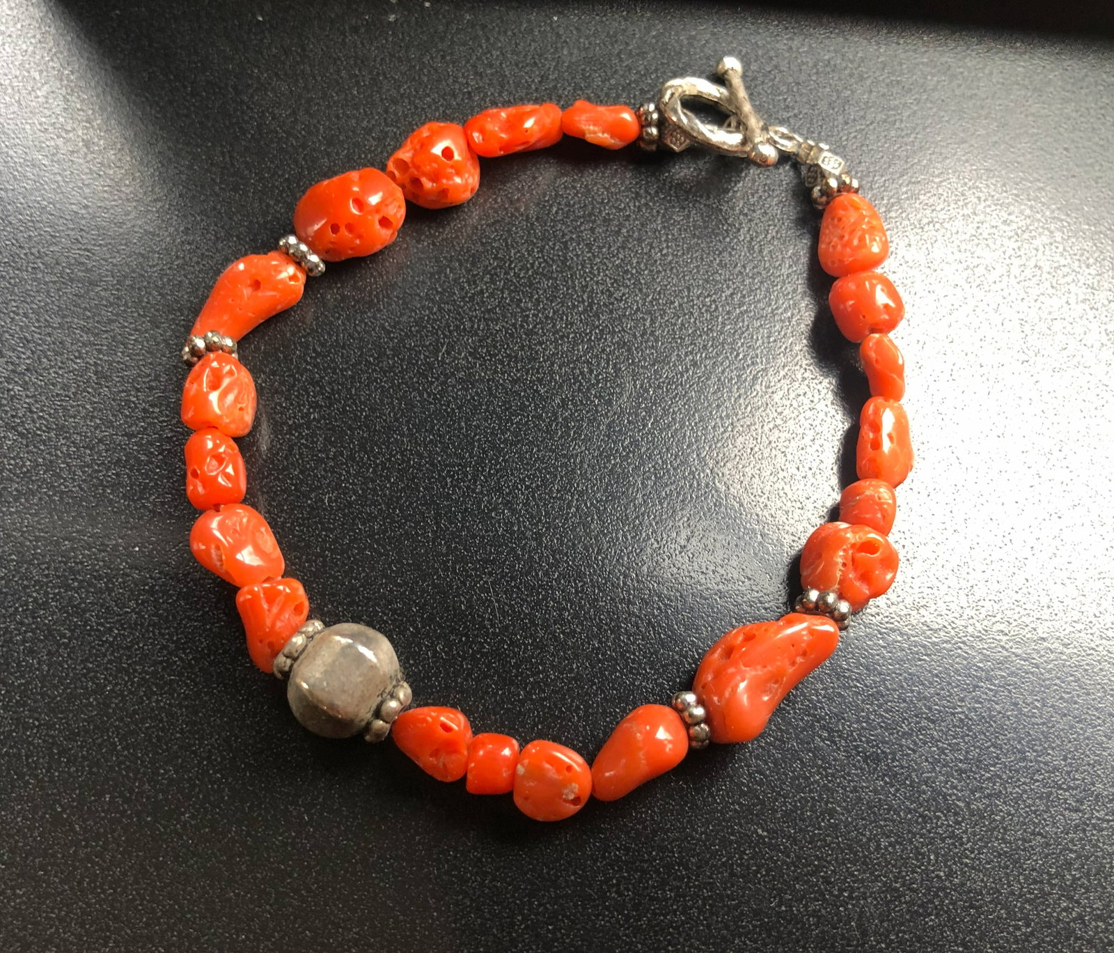 Antique Red Coral Silver Bracelet: Antique Red Coral Silver Bracelet