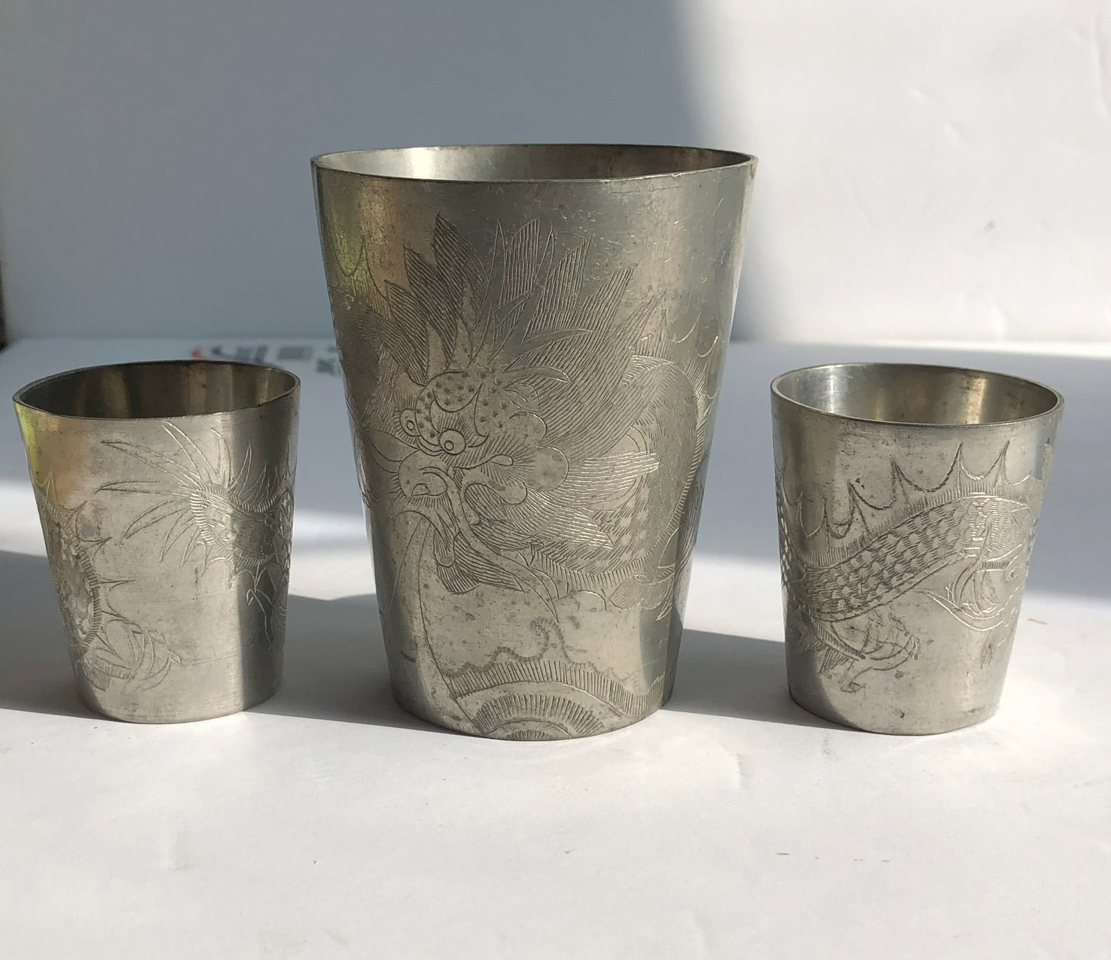 Three Antique Pewter Dragon Cups (1 of 4)