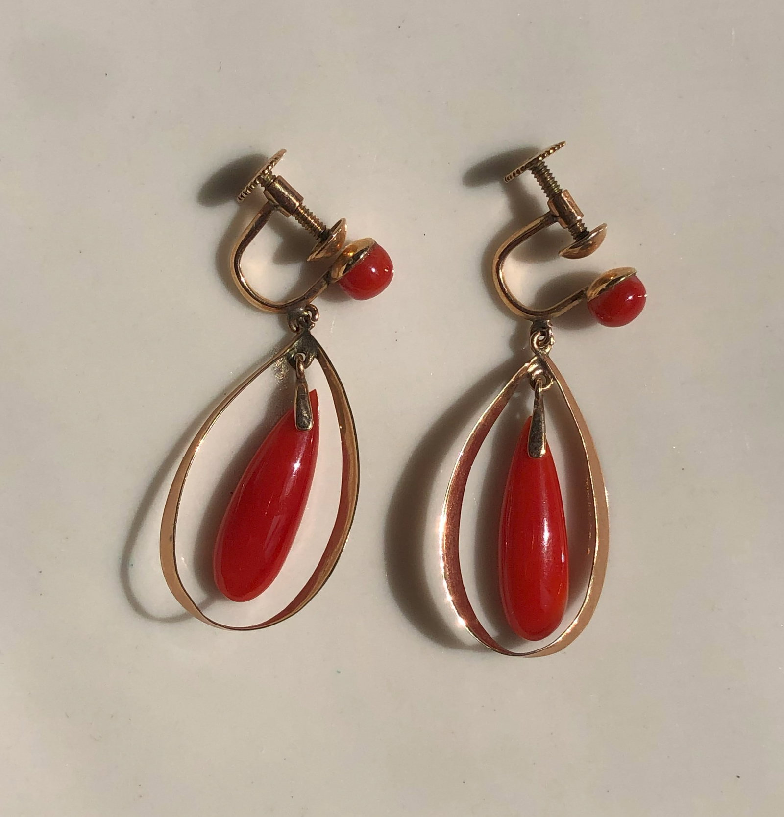 Pair of 14K Gold Coral Earrings: Pair of 14K Gold Coral Earrings