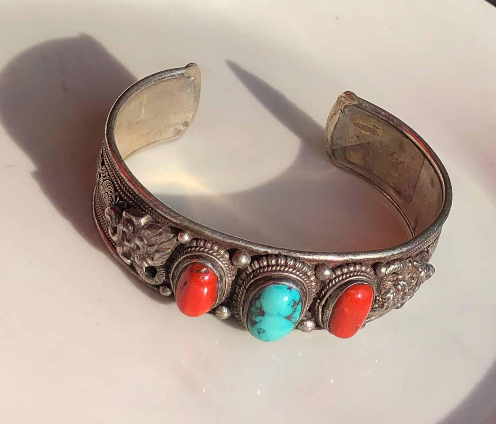Vintage Tibet Silver Bracelet with Coral and Turquoise (1 of 6)