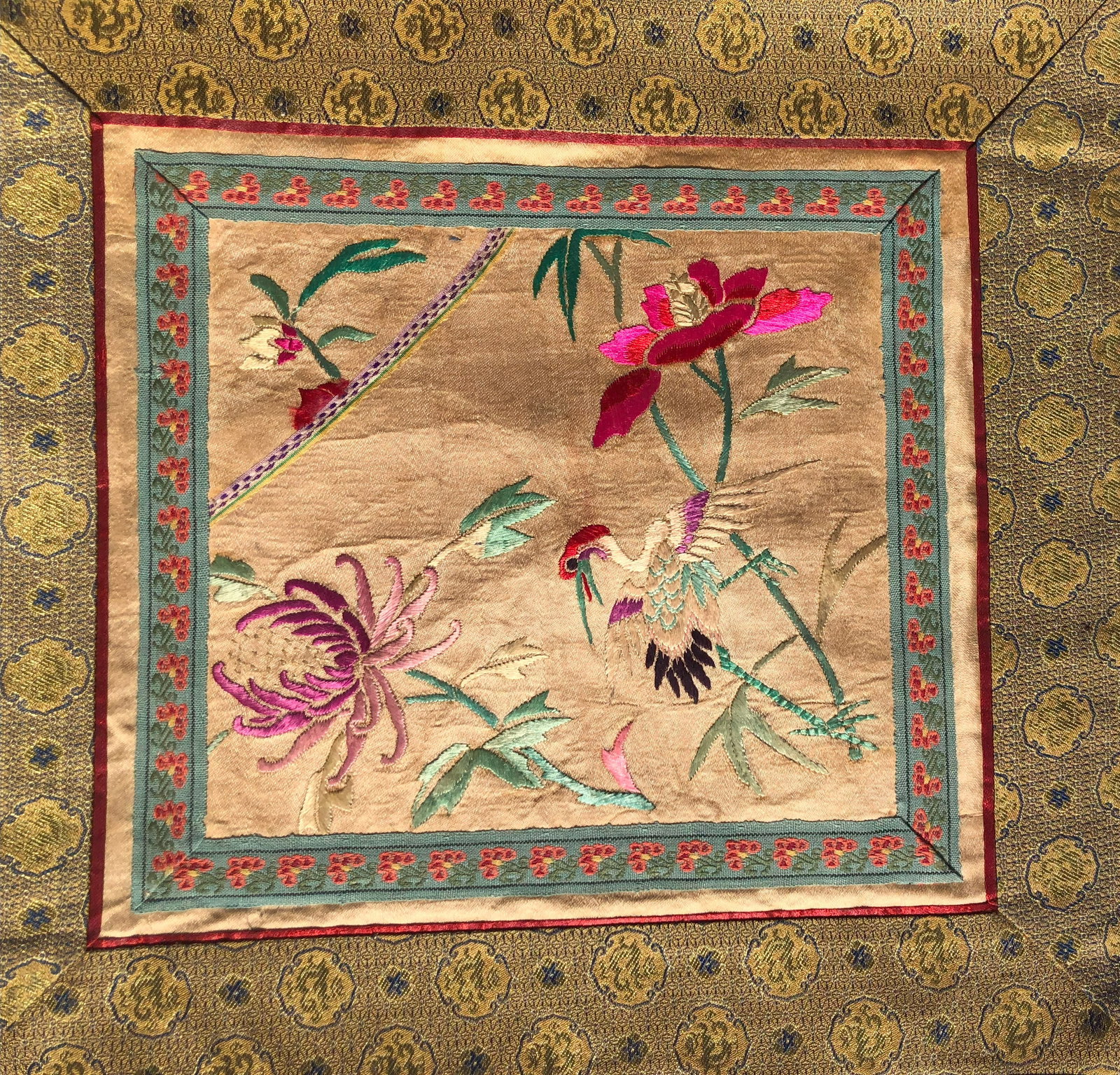 Vintage Embroidery on Silk: Vintage Embroidery on Silk, Size: 11.3" x11"