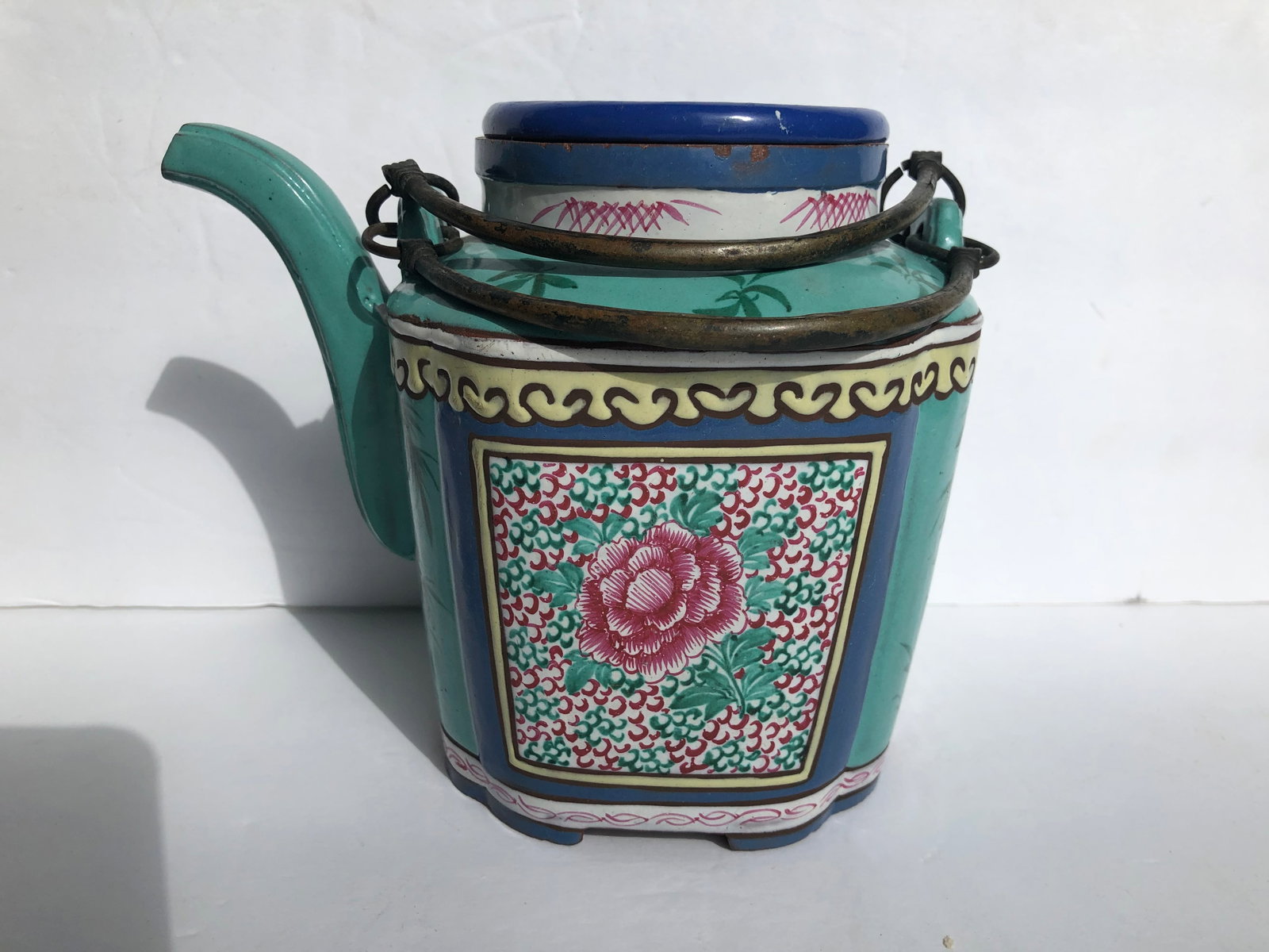 Antique Chinese Yixing Zisha Enamel Teapot 18th.C., Size: 6" x 6": Antique Chinese Yixing Zisha Enamel Teapot 18th.C., Size: 6" x 6"