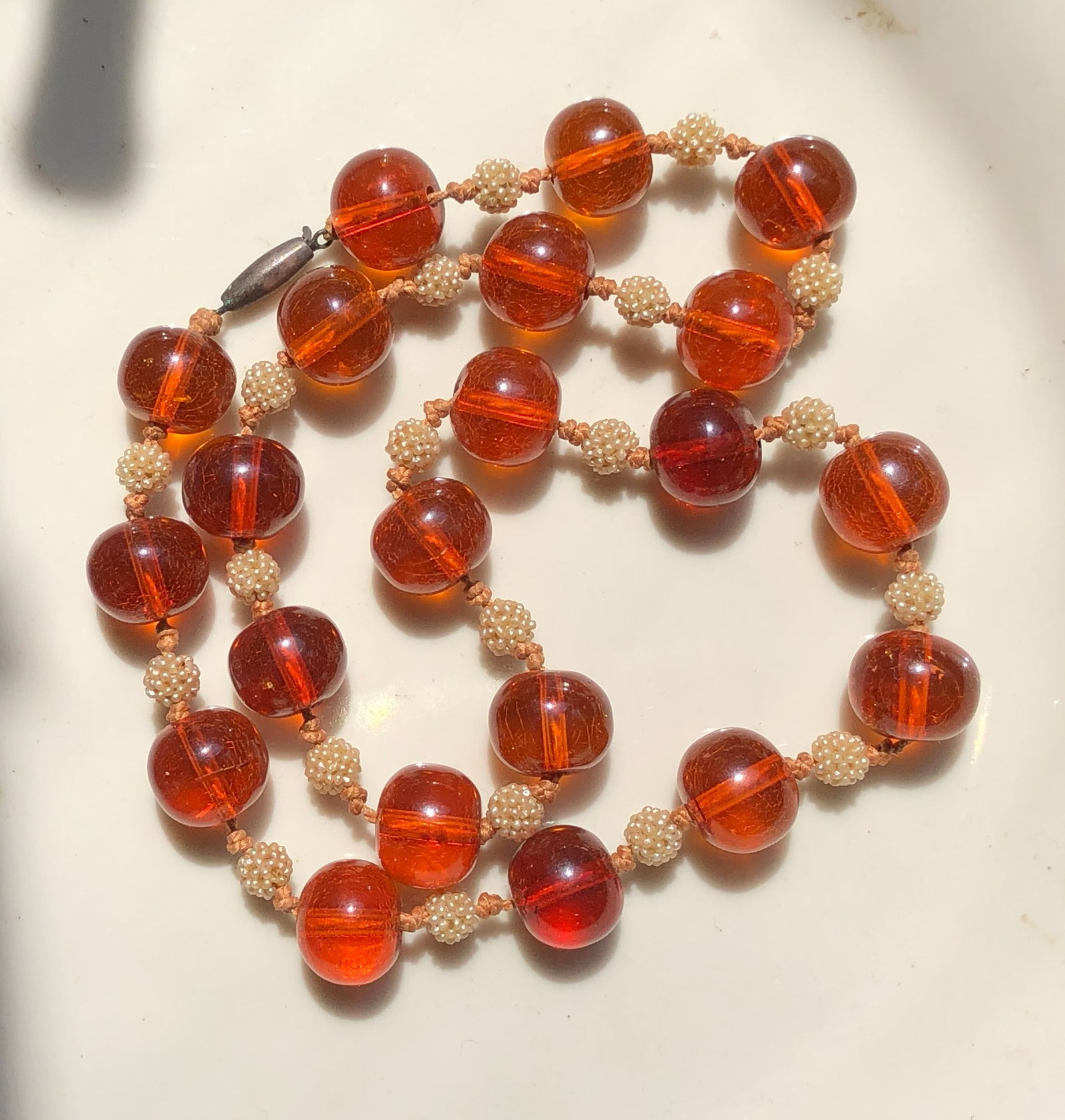 Antique Seed Pearl and Amber Necklace: Antique Seed Pearl and Amber Necklace, Size of amber bead:12mm