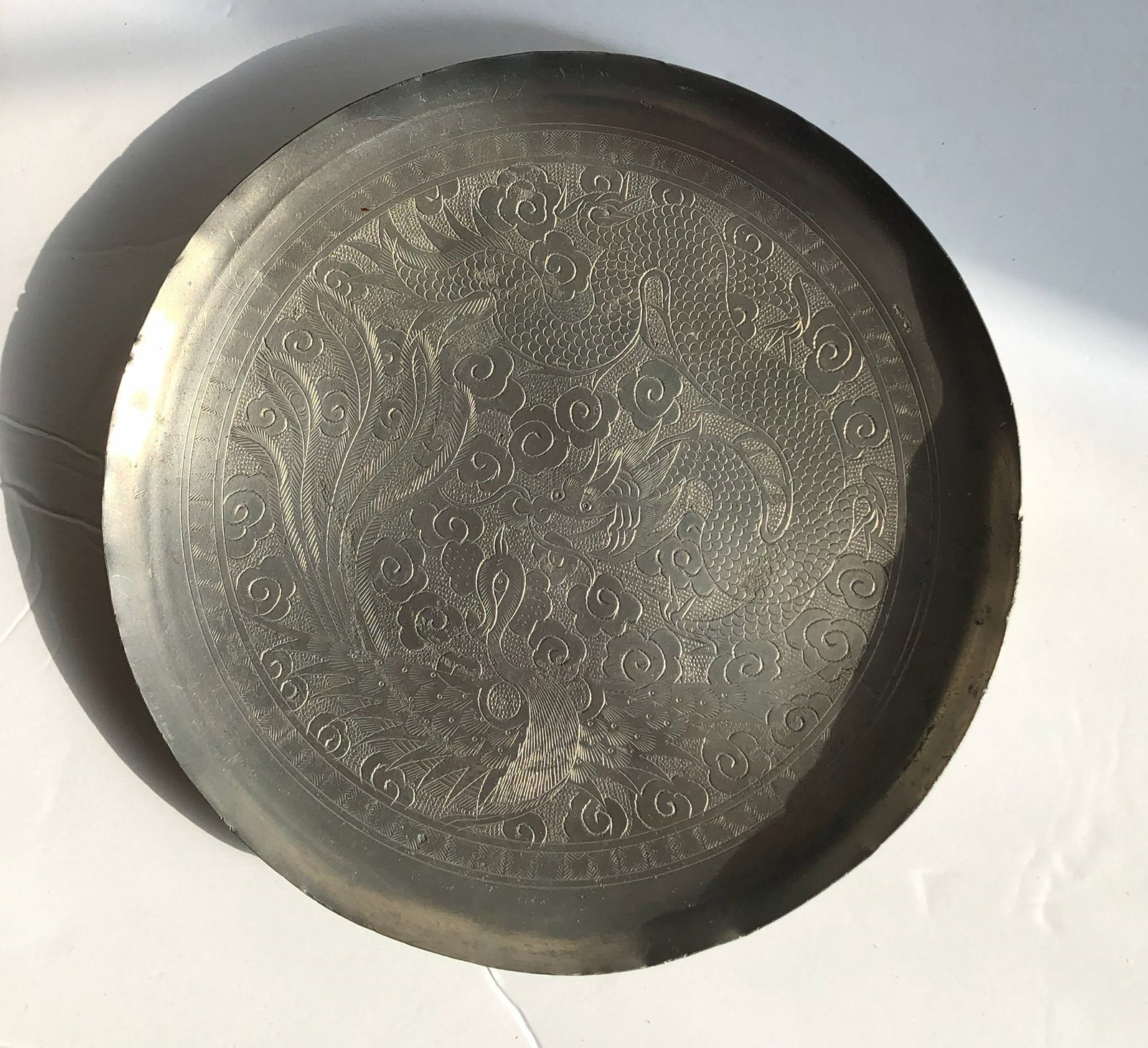 Antique Pewter WCSH Peking CHINA Ttay: Antique Pewter WCSH Peking CHINA Ttay , Diameter: 7"