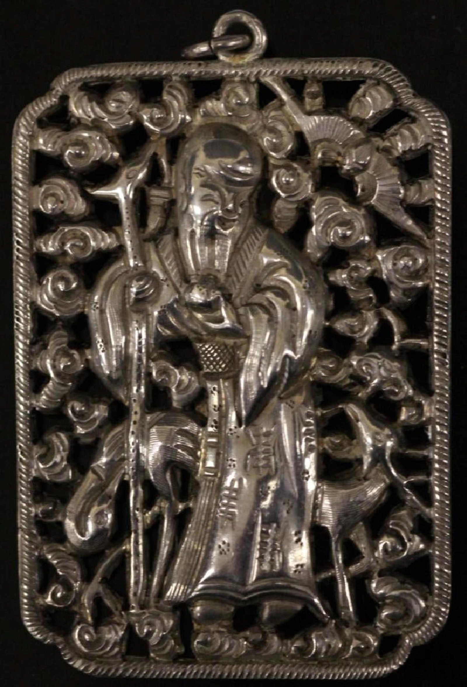 ANTIQUE CHINESE LONGEVITY GOD SILVER PIN, Size: Length- 2" Width- 1 1/2" Weight- 14.6 grams: ANTIQUE CHINESE LONGEVITY GOD SILVER PIN, Size: Length- 2" Width- 1 1/2" Weight- 14.6 grams