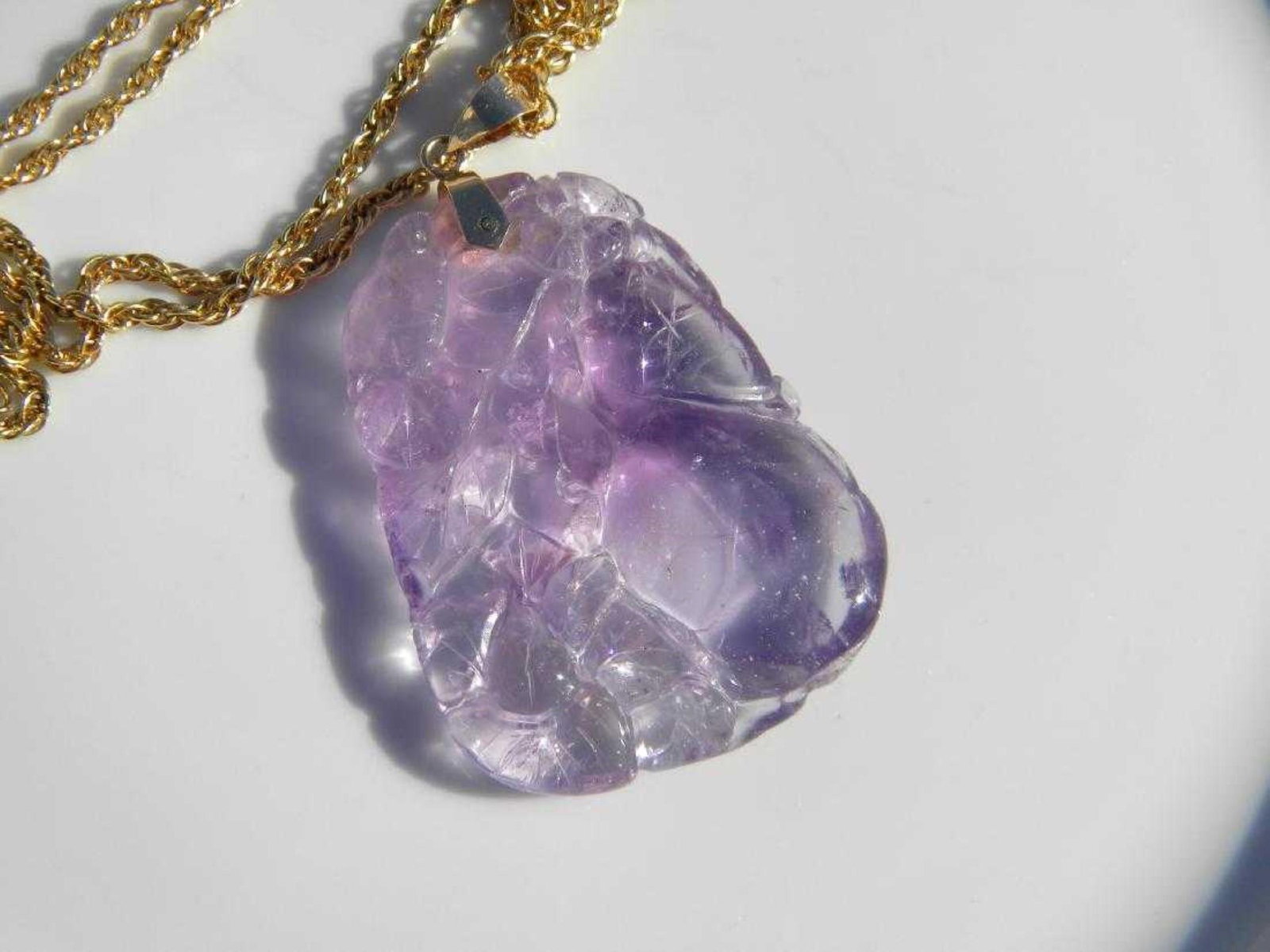 Vintage Amethyst Carved Pendant with 14K Gold Bale: Vintage Amethyst Carved Pendant with 14K Gold Bale, Size: 2" x 1.5"