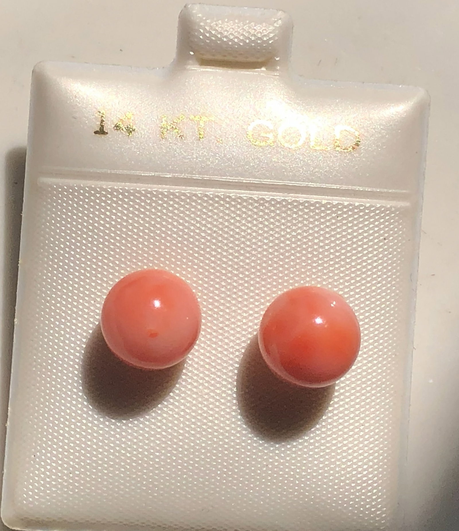 Pair of 14K Gold Coral Earrings: Pair of 14K Gold Coral Earrings, Size of Coral: 9mm