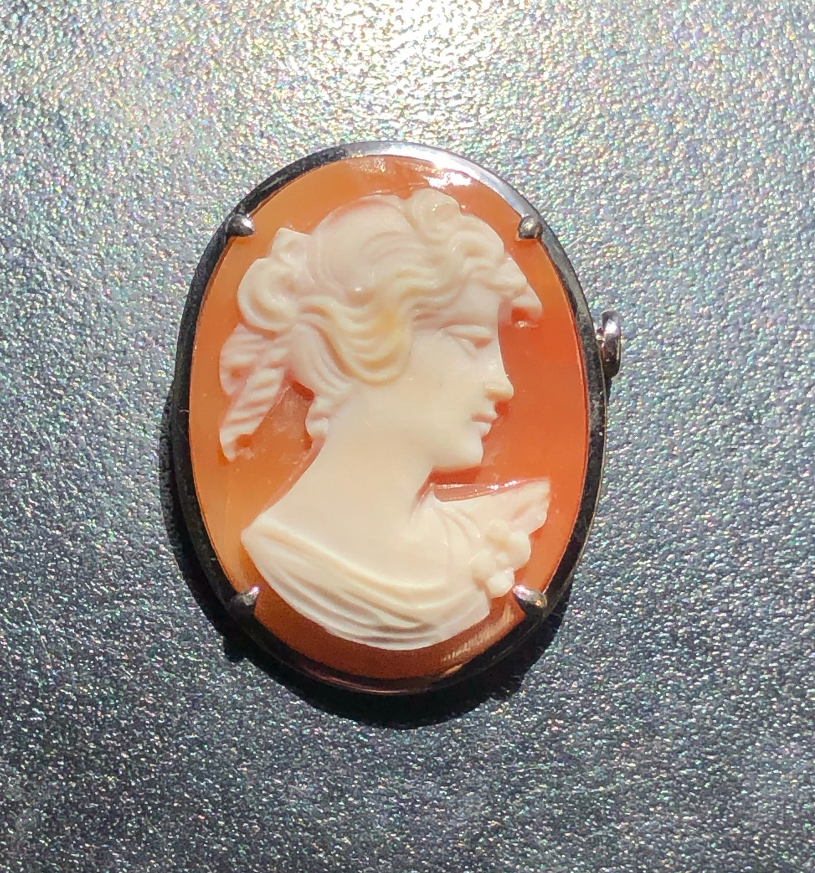 Silver Cameo Brooch: A vintage silver cameo brooch featuring a carved profile of a woman. Size: 1.1" x 0.8".