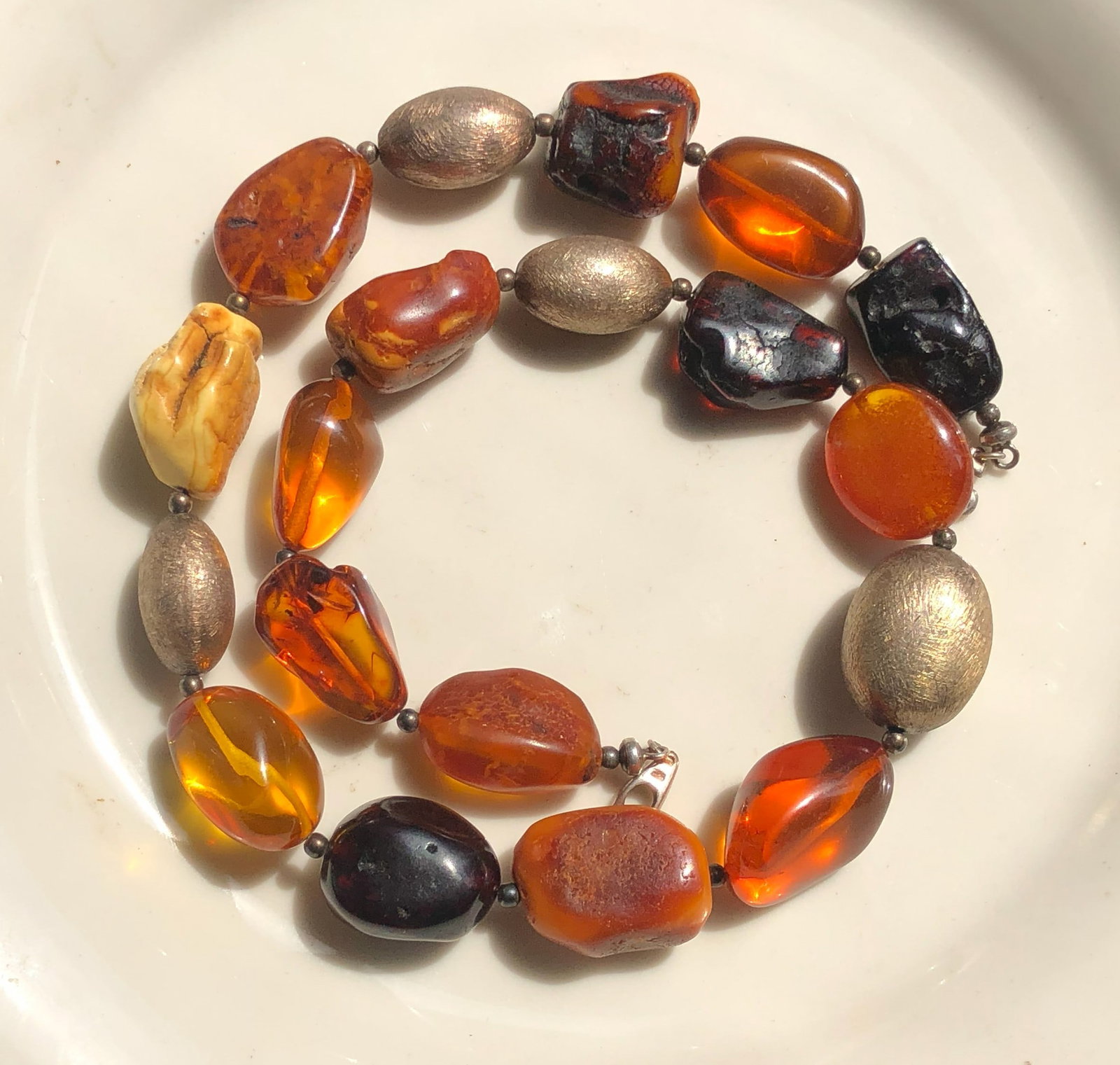 Antique Amber Necklace with heavy silver Beads (1 of 3)