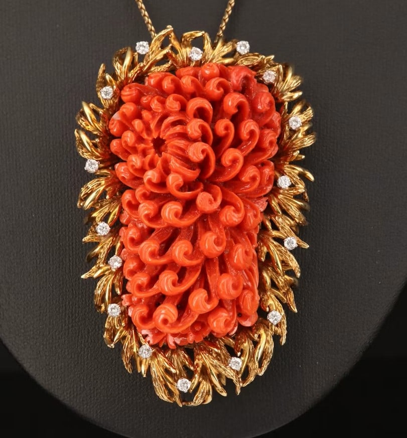 18K Carved Coral Chrysanthemum Clip Brooch Pendant Converter Necklace: 18K Carved Coral Chrysanthemum Clip Brooch Pendant Converter Necklace, Size of coral:54.00 mm x 33.00 mm, Total Weight (grams):61.90 grams. Weight of diamond 1 ctw.