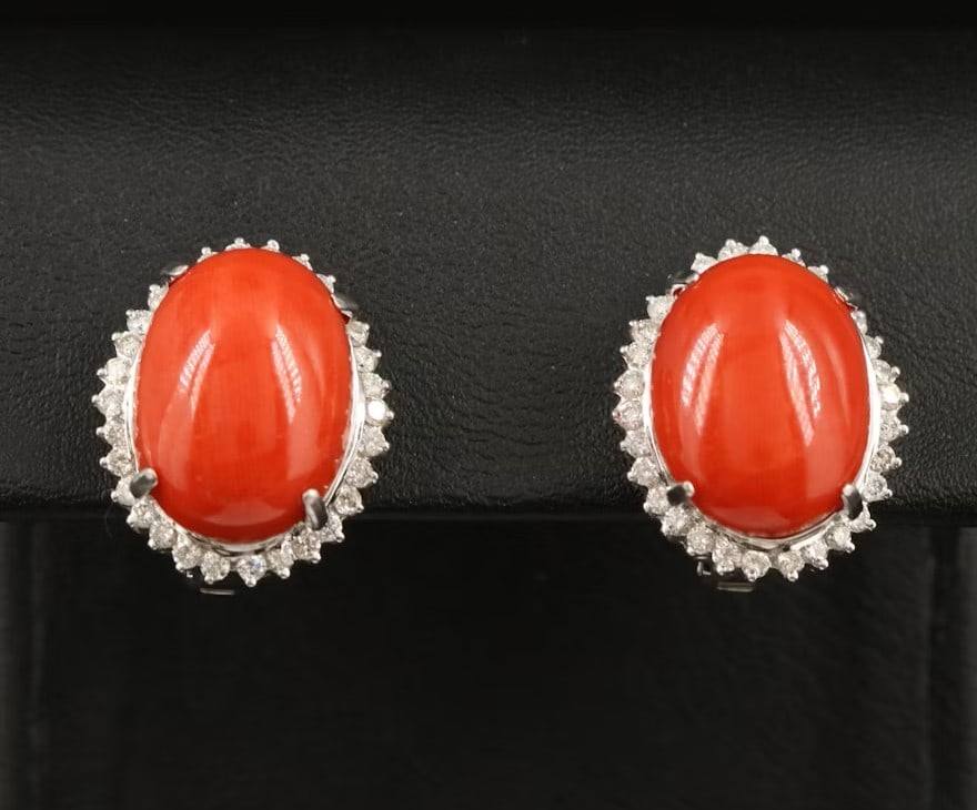 18K Coral and 1.05 CTW Diamond Earrings: 18K Coral and 1.05 CTW Diamond Earrings, Size of Coral: 15.50 mm x 11.50 mm x 5.90 mm, total weight: 12.80 g. Total weight of diamond 1.05 ctw