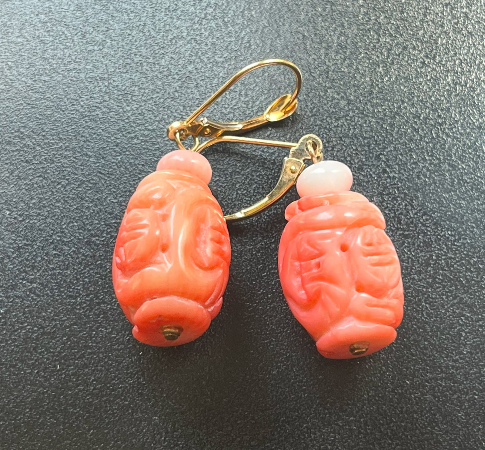 Pair of 14K Gold coral Earrings Marked 14K GSJ: Pair of 14K Gold coral Earrings Marked 14K GSJ