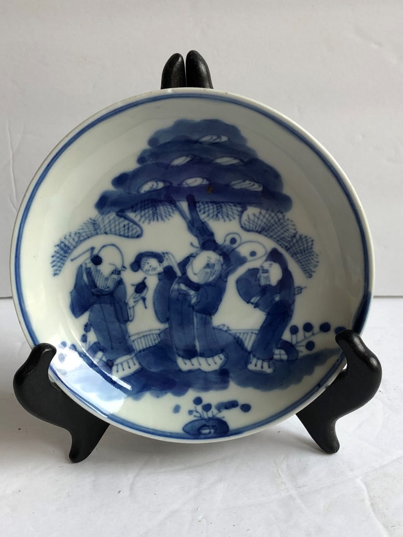 Antique Chinese Blue and White Lucky Three Plate Qing Dynasty: Antique Chinese Blue and White Lucky Three Plate Qing Dynasty, Diameter: 5.5"