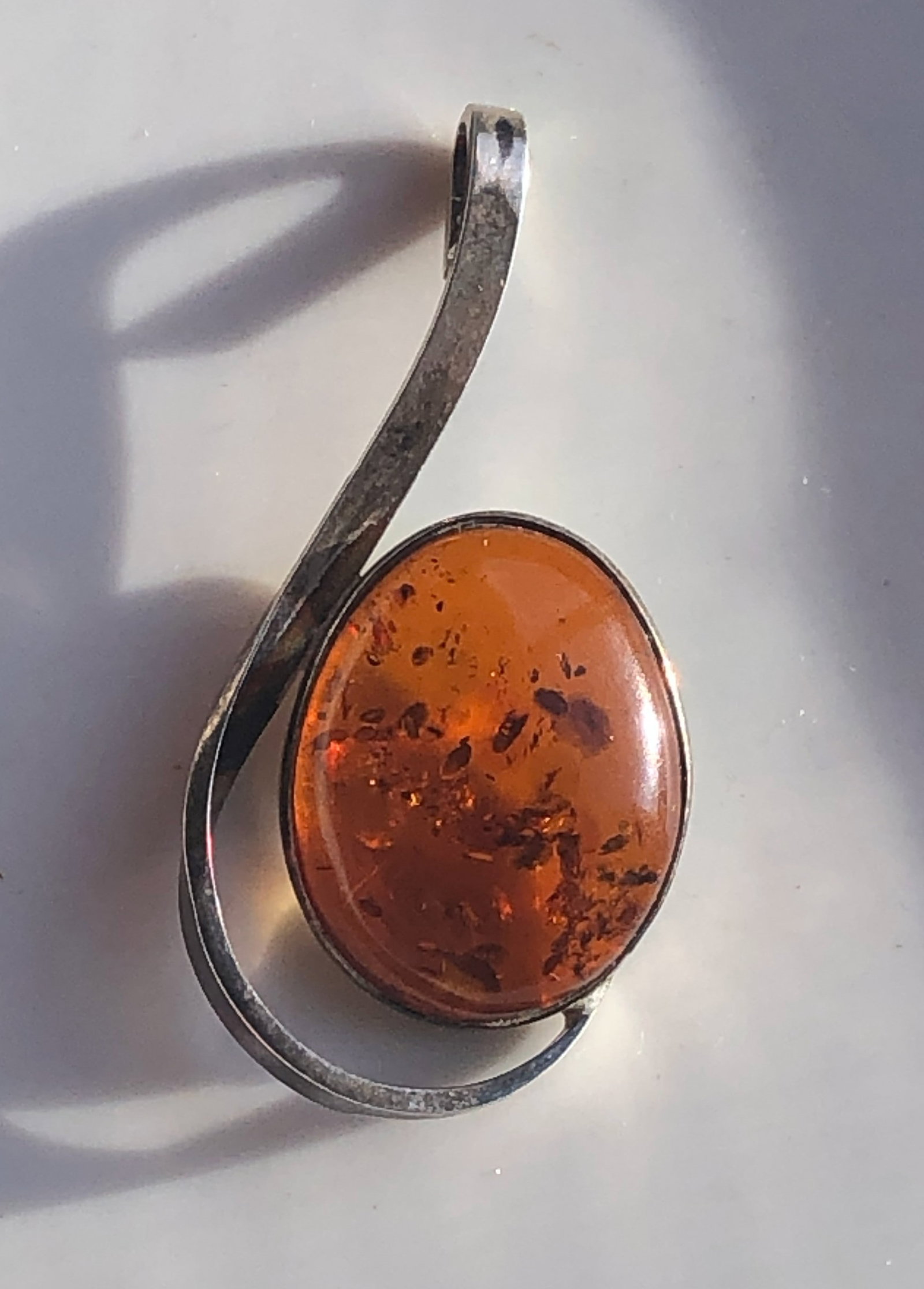 Vintage Silver Amber Pendant: Vintage Silver Amber Pendant, Size: 2"