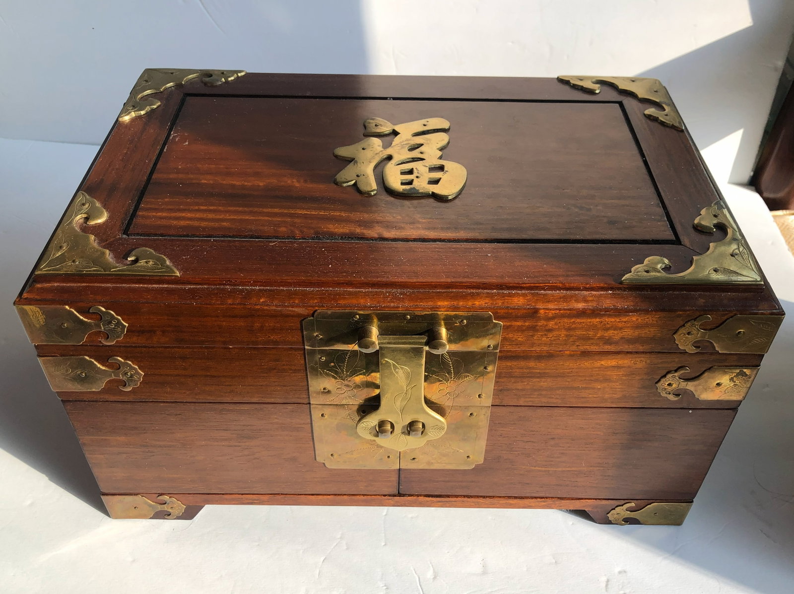 Vintage Huanghuali Jewelry Box: Vintage Huanghuali Jewelry Box, Size: 16" x 8"