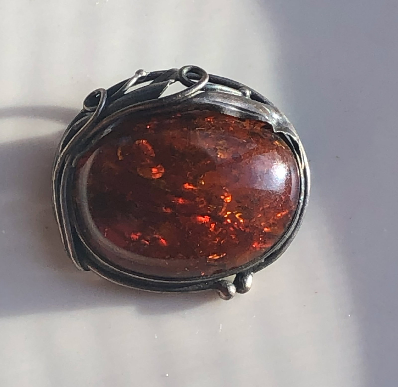Vintage Silver Amber Brooch, Size: 2": Vintage Silver Amber Brooch