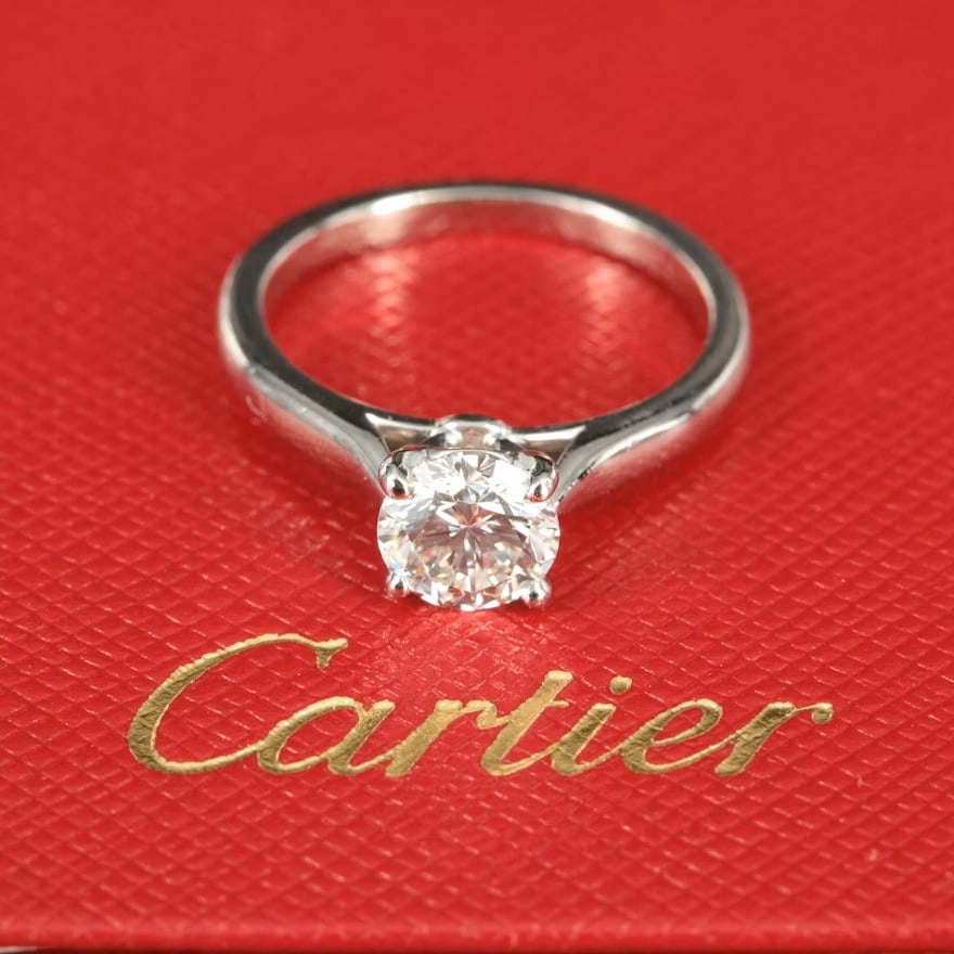 Cartier Platinum 1.06 CT Diamond VS2, G Solitaire Ring with GIA Report: Cartier Platinum 1.06 CT Diamond VS2, G Solitaire Ring with GIA Report. Ring Size:5.75. Hallmarks:950PT 54 1.06 Cartier C100107. Total Weight (grams):4.90. Comes with Cartier Certificate of