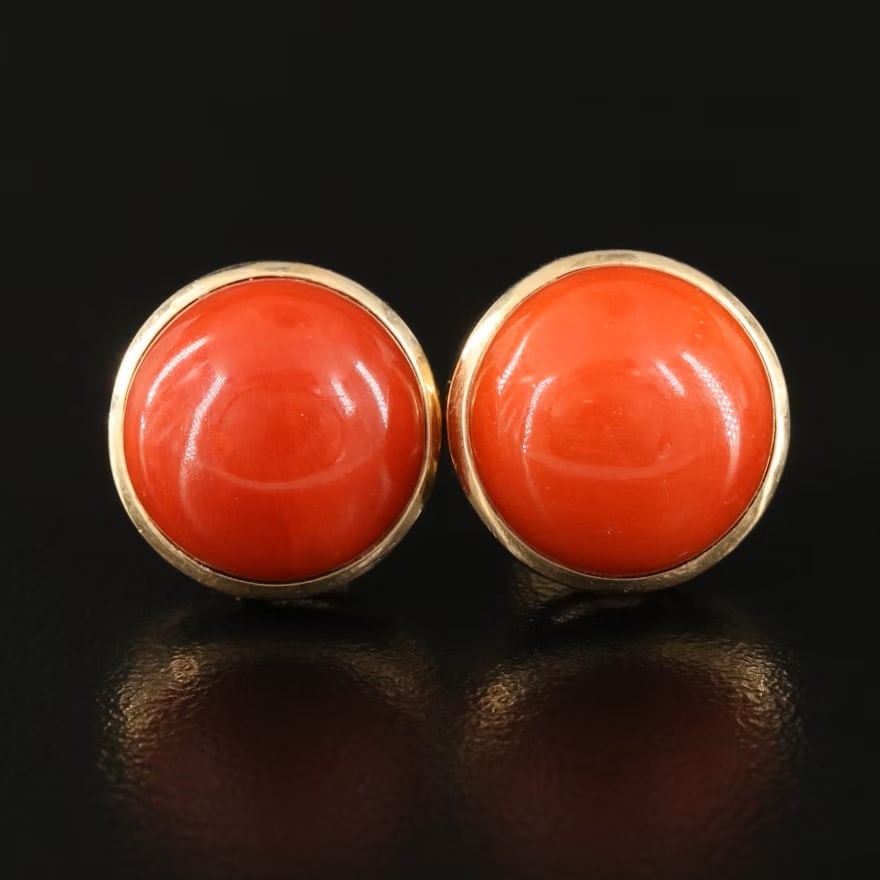 14K Coral Cabochon Earrings: 14K Coral Cabochon Earrings, weight 8g, Size of coral: 13mm