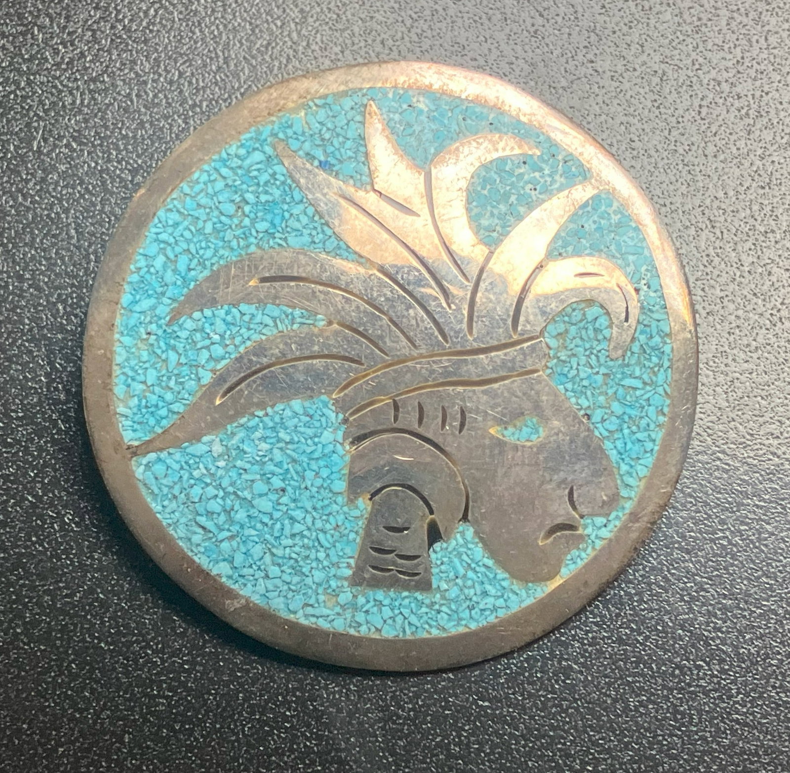Turquoise Inlay Medallion Silver Brooch: A beautifully crafted medallion Silver Brooch with turquoise inlay and intricate design, Size: 1.6", weight 7.2g