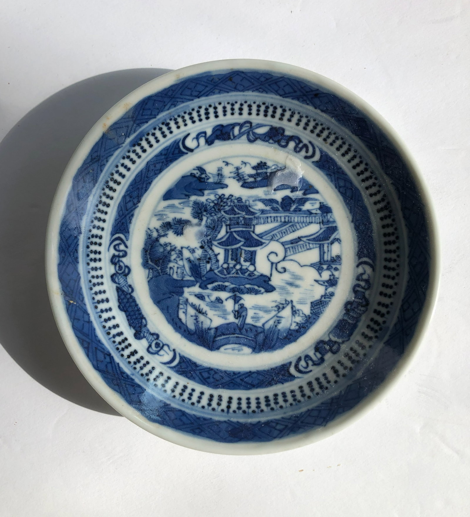 Antique Blue and White Dish: Antique Blue and White Dish, Diameter: 5.5"