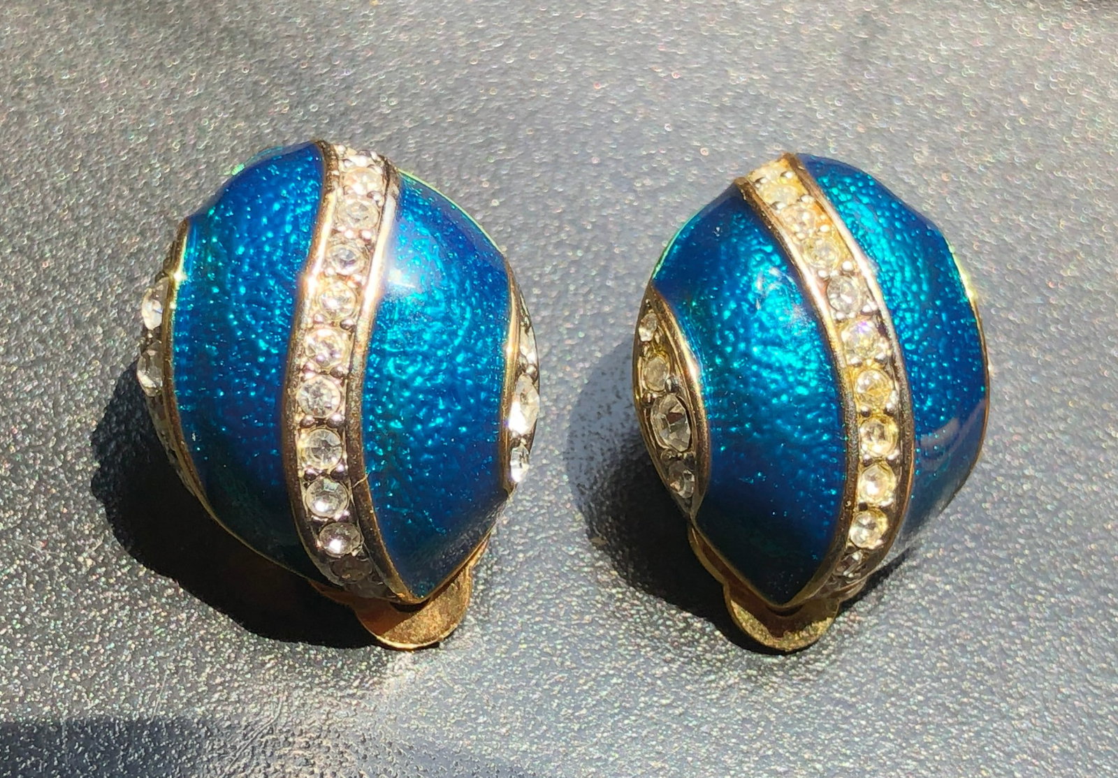 Elegant blue enamel clip-on earrings with rhinestone accents (1 of 2)