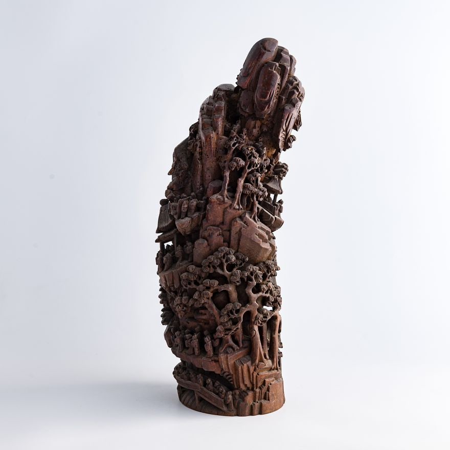 A Chinese carved bamboo mountain-form landscape ornament, 19th century: A Chinese carved bamboo mountain-form landscape ornament, 19th century, Size H: 16, W: 6 1/2, D: 5 1/2 in. (H: 40.6, W: 16.5, D: 14 cm.)