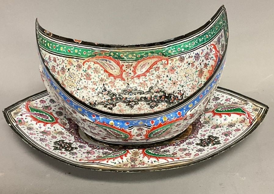 Antique hand painted Persian bowl and tray, Size: Tray 10 by 6 3/4 in. (1 of 4)