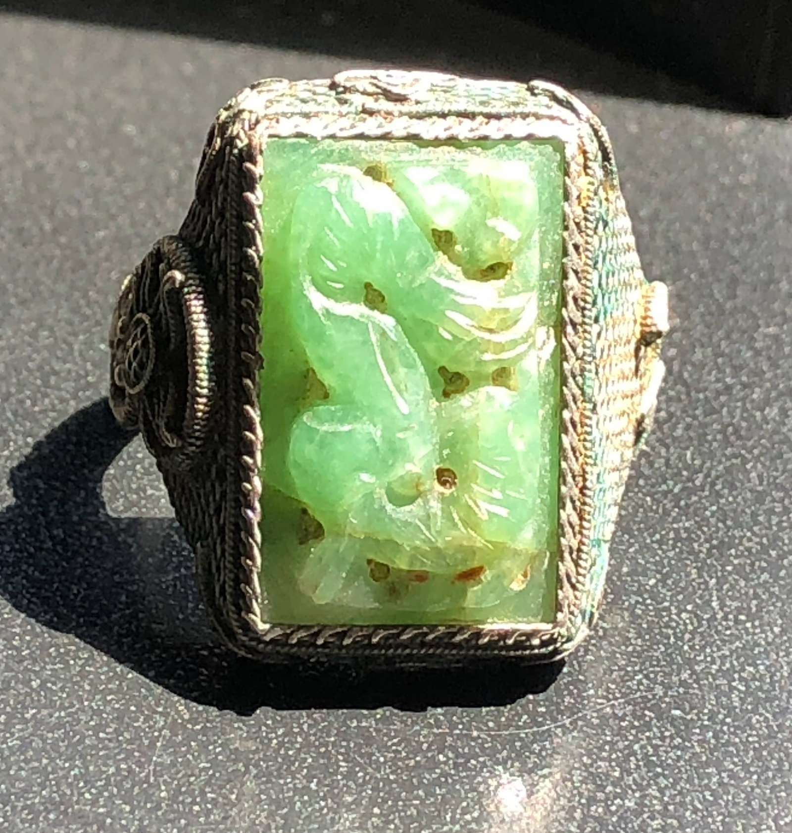Antique Silver Jadeite Dragon Ring: Antique Silver Jadeite Dragon Ring, Size adjustable