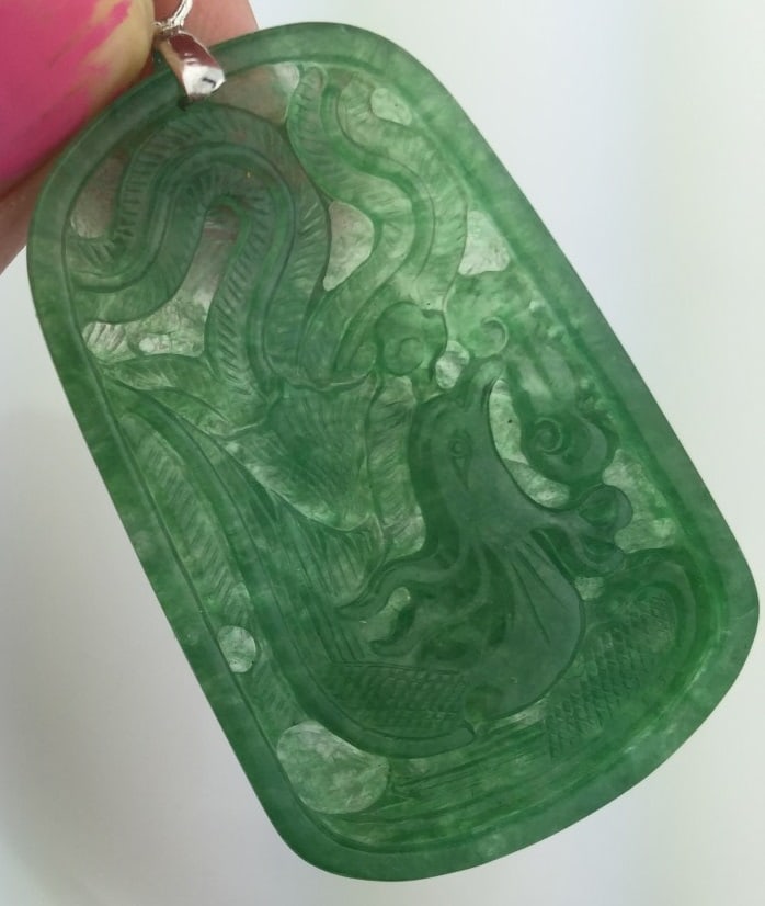 Natural Green Jadeite Pheonix Plaque, size: 54.76mm x 36.67mm (1 of 3)