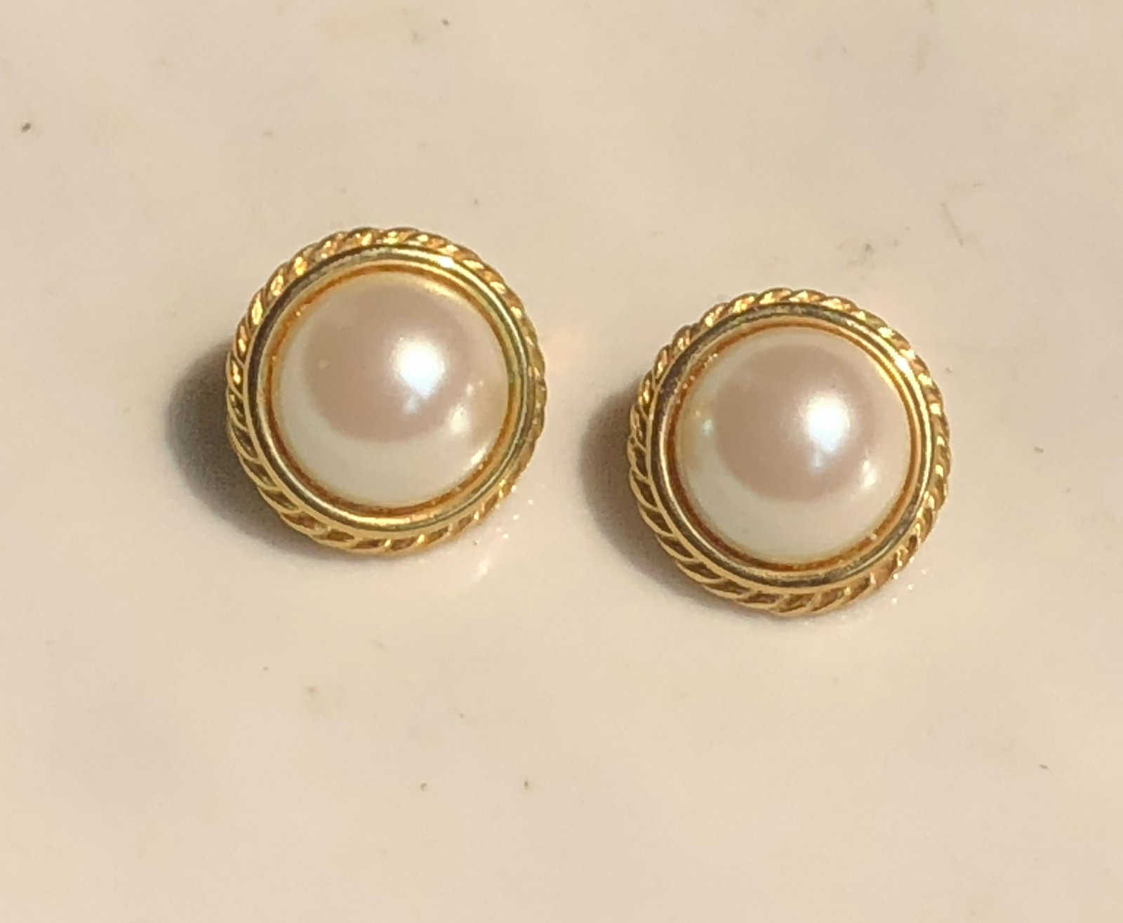 Elegant gold filled earrings with a faux pearl centerpiece: Elegant gold filled earrings with a faux pearl centerpiece