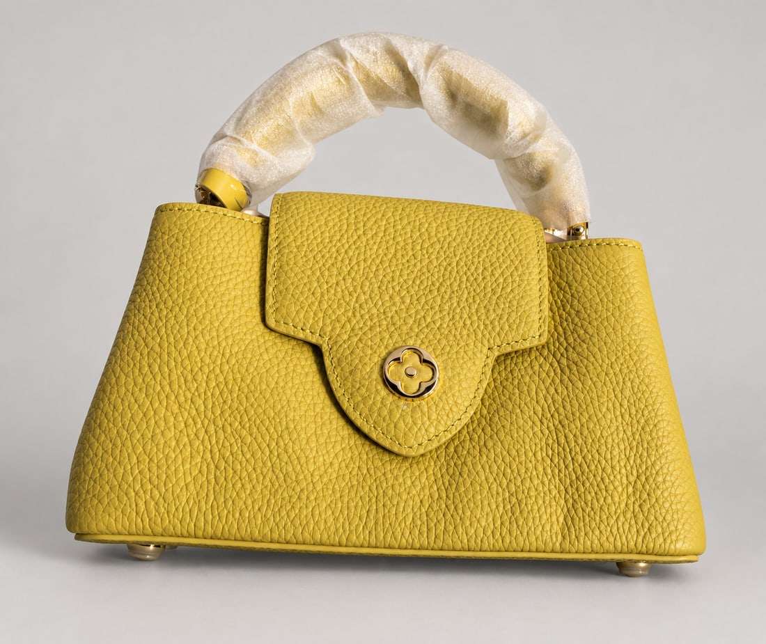 New Mustard-Yellow Pebbled Top-Handle Handbag: A structured mustard-yellow pebbled top-handle handbag with a flap front, floral turn-lock closure, protective handle wrapping, and four rounded base feet, offered in new condition, Size: 8.5" x 8.5"