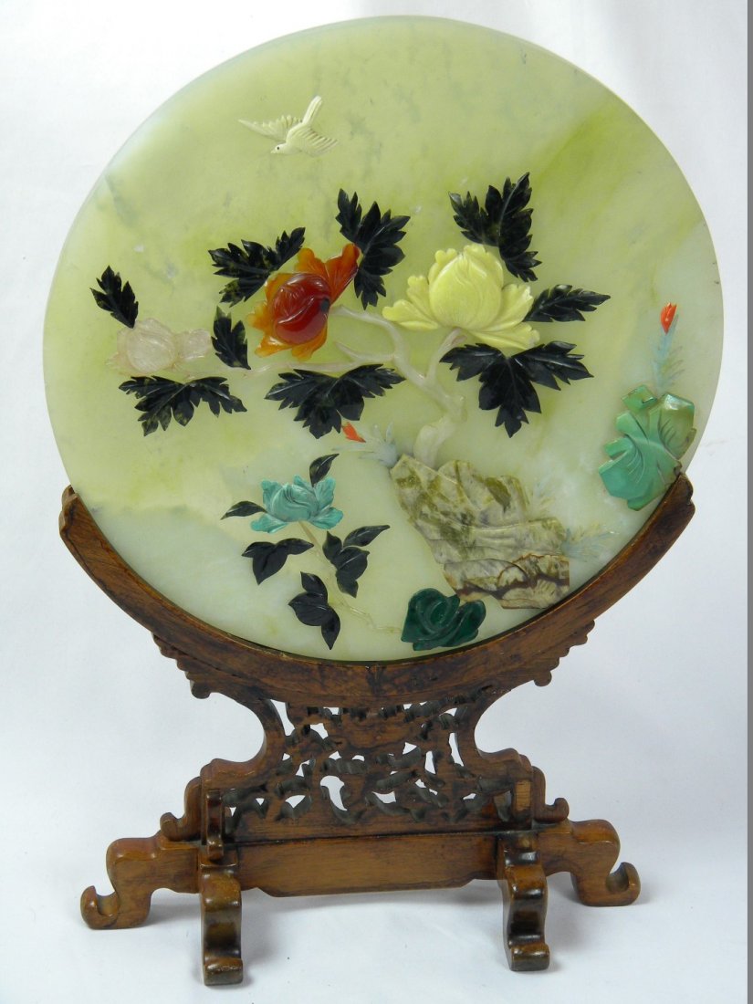 Antique Chinese Green Jade Table Screen: Antique Chinese Green Jade Table Screen, size: H: 17", W: 11.5". Carnelian flowers and green jade leaves.