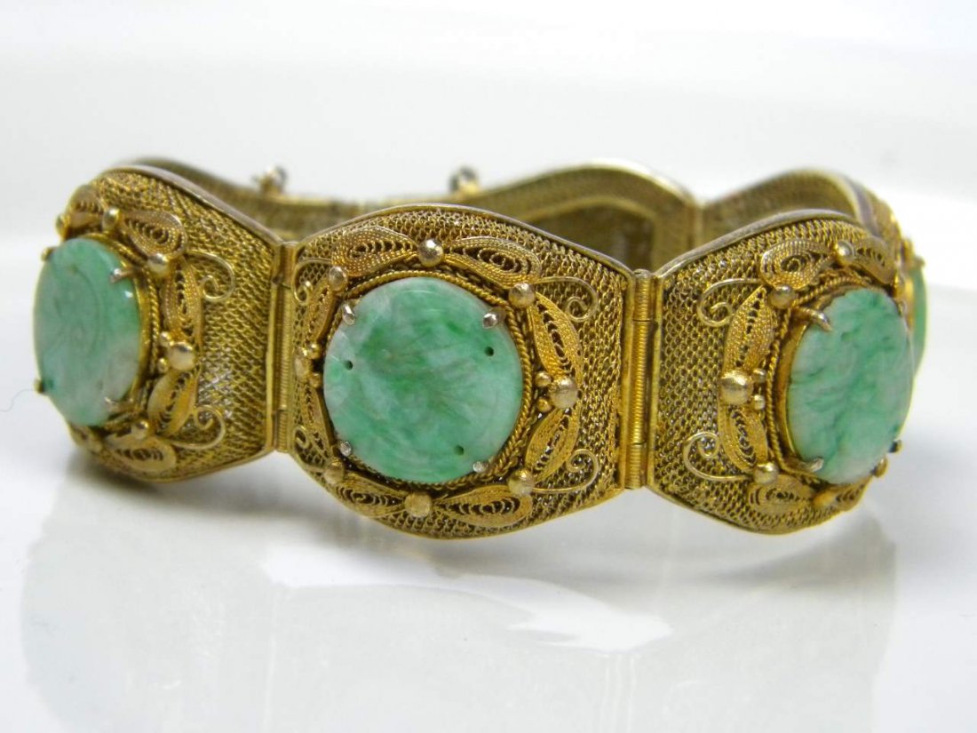 Antique Chinese Gold Gilted Jadeite Filigree Bracelet (1 of 4)