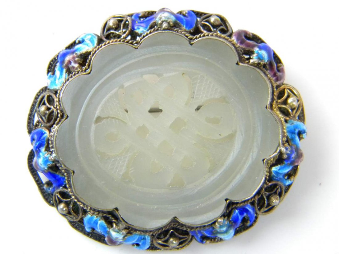 ANTIQUE NEPHRITE WHITE JADE PLAQUE ENAMEL BROOCH PIN (1 of 2)