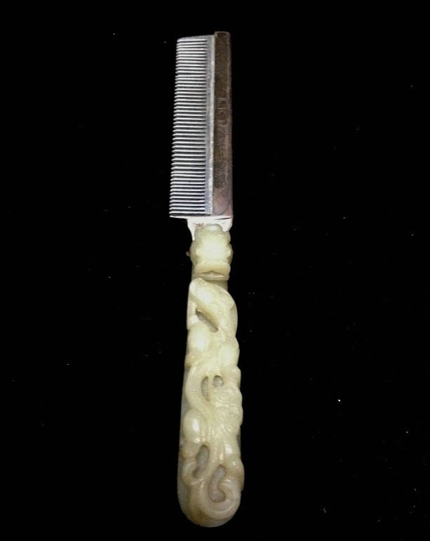 Antique Chinese Nephrite Jade Handel Silver Comb (1 of 5)