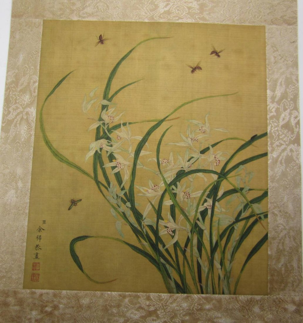 Chinese Watercolor Artwork Depicting Flowers and Bees. (1 of 4)