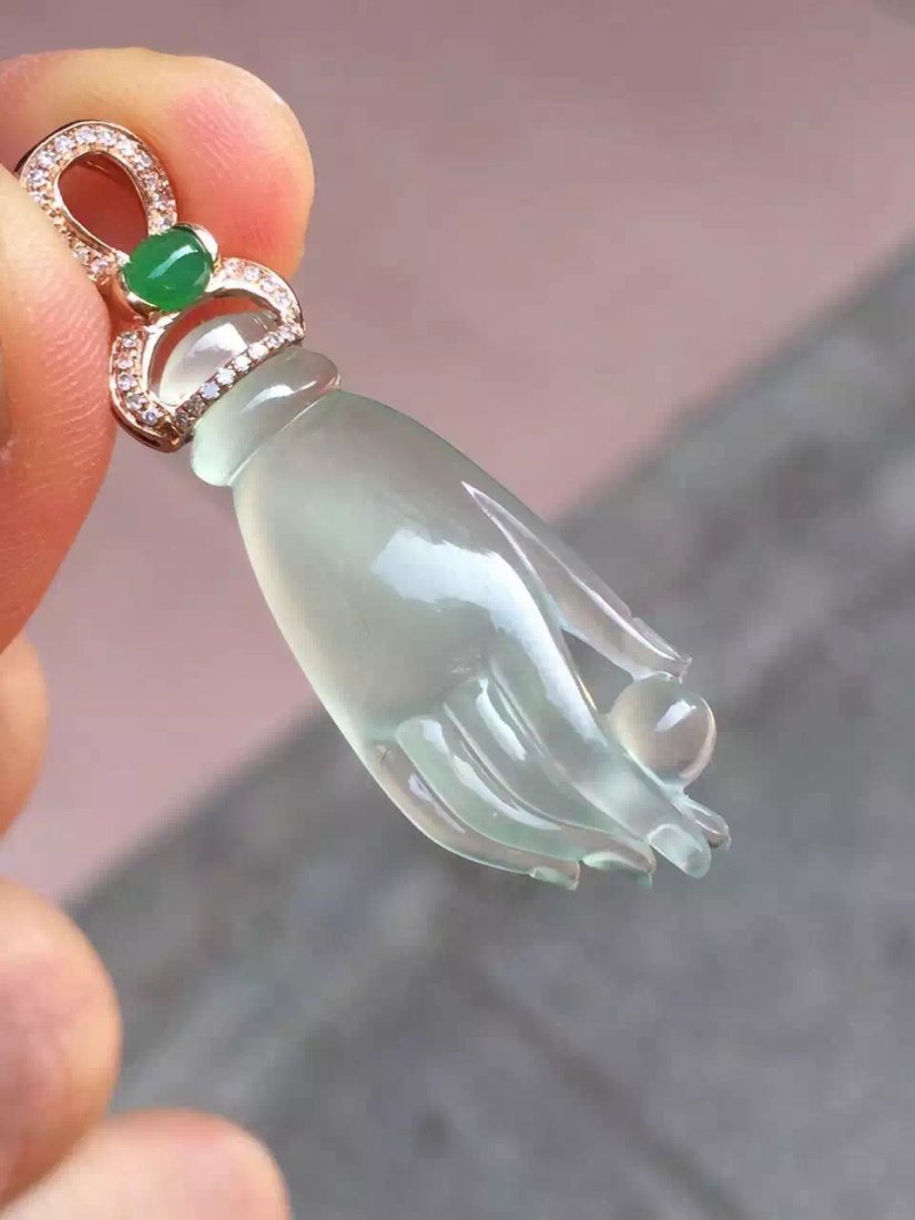 18K Gold Diamond Icy Green Jadeite Buddha Hand Pendant (1 of 1)