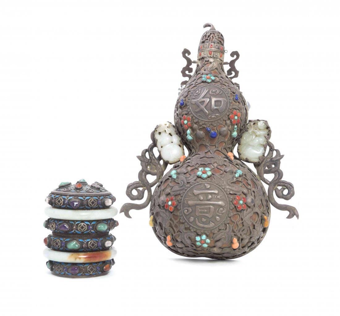 A Tibetan Double Gourd Silvered Metal Wall Vase and box (1 of 1)