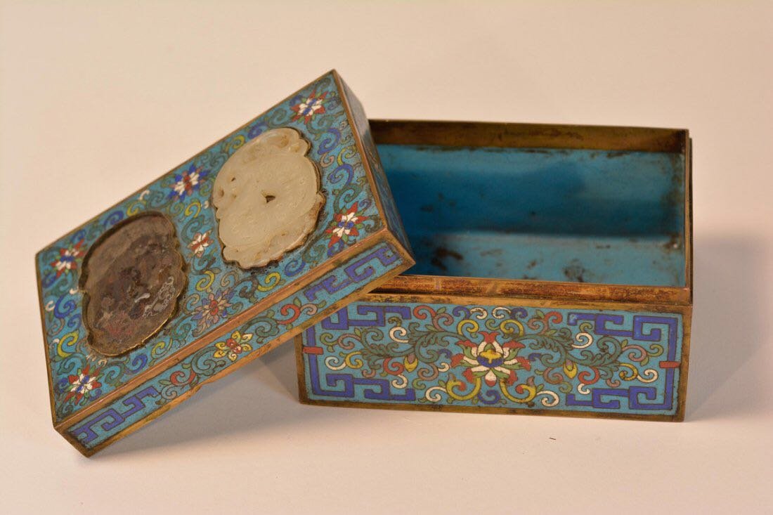 18/19th cen Cloisonne Scholar's Box Jade Inlay (1 of 3)